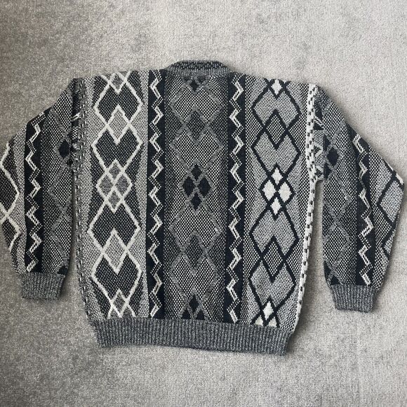 Vintage Sweater Mens Large Black White Cosby 80s Argyle Knit Striped Area by Tag - Picture 7 of 8